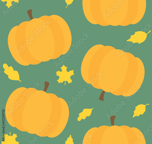 Vector seamless pattern of flat pumpkins and leaves isolated on green background