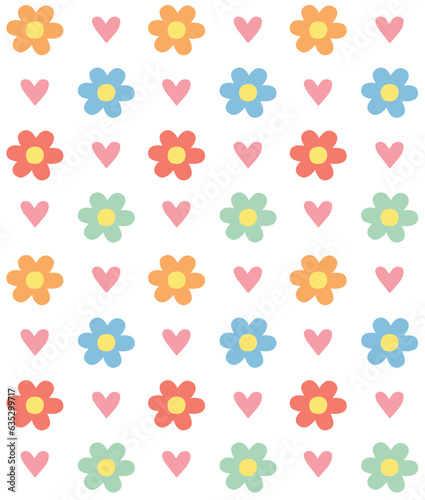 Wallpaper Mural Vector seamless pattern of different color flat hand drawn flowers and hearts isolated on white background Torontodigital.ca