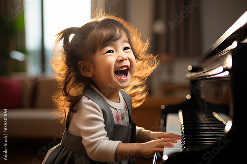 a young girl is playing the piano and laughing, in the style of youthful energy