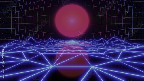 Synthwave animated Background. 80s wireframe Landscape. Retro Future Perspective Grid. Retrowave Style. Sci-fi Abstract Backdrop. 3d render. Seamless loop