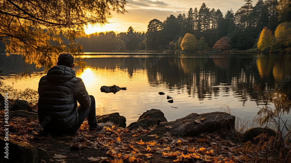 man sitting in the sunset on the lake