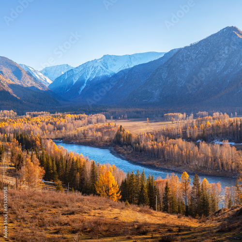 Katun river valley in the Altai mountains, picturesque autumn view