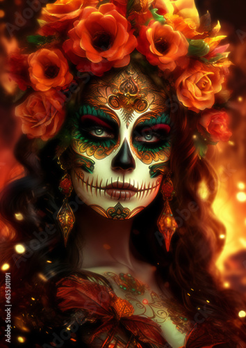 A Captivating Woman Adorned in Sugar Skull Make-Up Amidst Fiery Flames