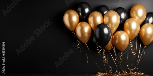 Black and golden balloons on black background with copy space, birthday celebration background