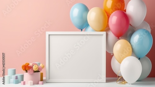 white frame with balloons and gifts in the room, birthday celebration background