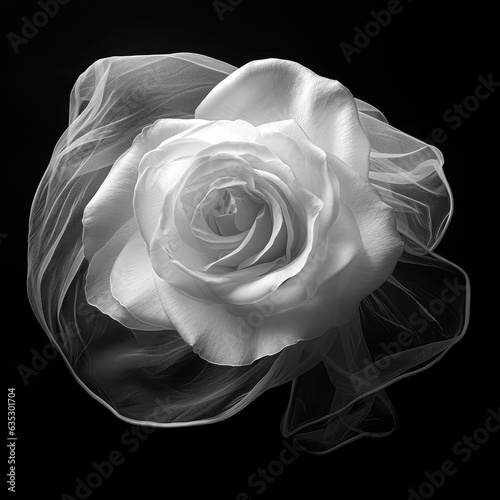 white rose with transparent white veil on black background