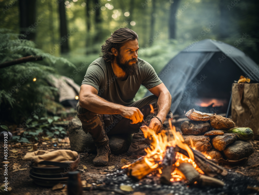 campfire cooking and Survivor in the national forest. Camping tent. campfire cooking and Survivor in the national forest. Camping tent.