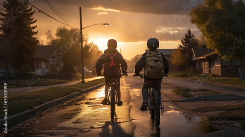 Behind, Boys student wearing helmet riding bicycle on way to school, bikeways in suburban on the morning. Friend
