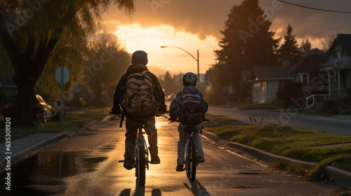 Behind, Boys student wearing helmet riding bicycle on way to school, bikeways in suburban on the morning. Friend.