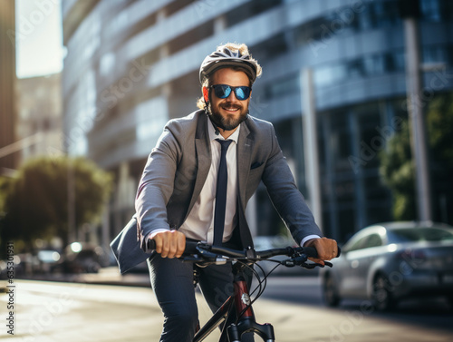 Businessman wearing helmet biking with bicycle on road in city to work.