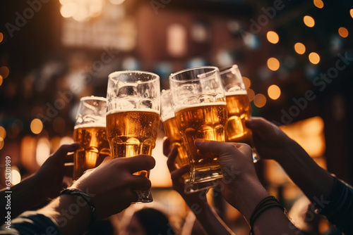 glass of beer, Close up hand holding glass beer, cheers beer. Hand Group people.