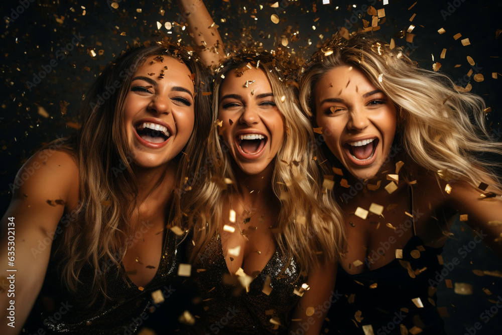 Happiness group friends cheerful with champagne in confetti celebration. new year’s anniversary concept.
