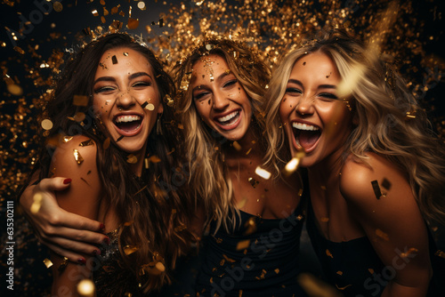 Happiness group friends cheerful with champagne in confetti celebration. new year’s anniversary concept.