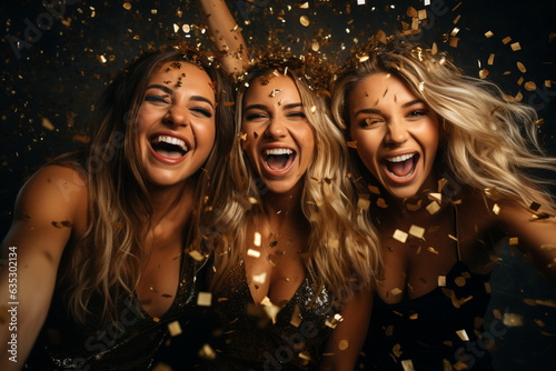 Happiness group friends cheerful with champagne in confetti celebration. new year’s anniversary concept.