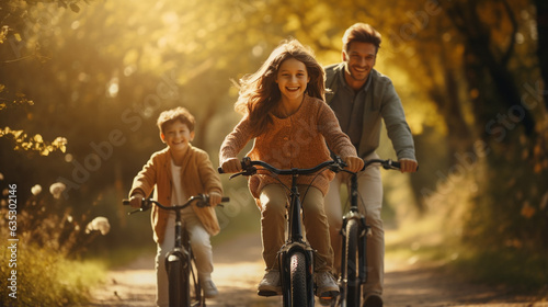 Happy family bicycles together on the road in nature park.