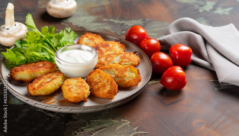 Potato patties (zrazy) Stuffed with minced meat, served with sour cream and tomato sauce. Crisp potato cutlets with meat, mushrooms and cheese. Traditional Russian food Zrazy