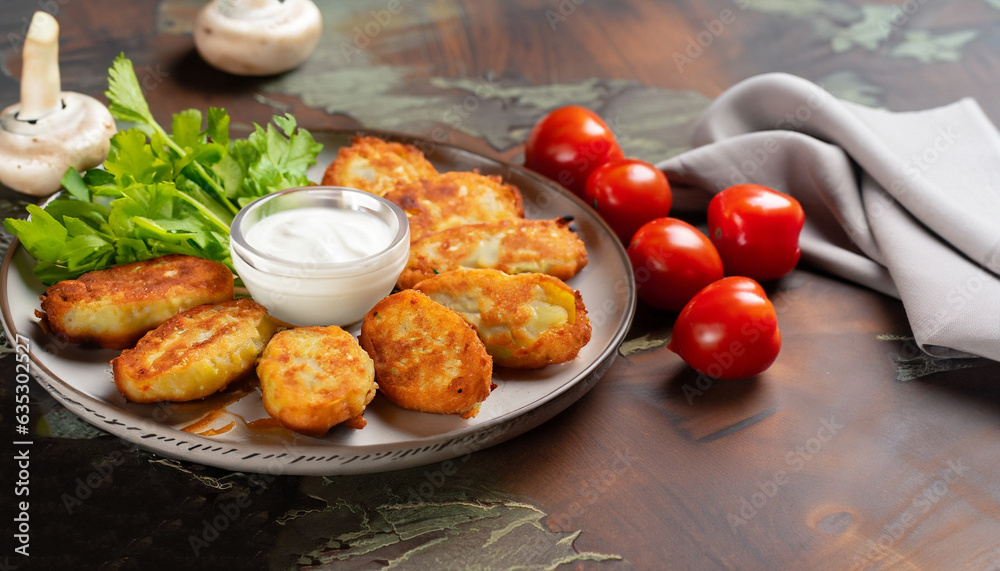 Potato patties (zrazy) Stuffed with minced meat, served with sour cream and tomato sauce. Crisp potato cutlets with meat, mushrooms and cheese. Traditional Russian food Zrazy Potato patties (zrazy) Stuffed with minced meat, served with sour cream and tomato sauce. Crisp potato cutlets with meat, mushrooms and cheese. Traditional Russian food Zrazy