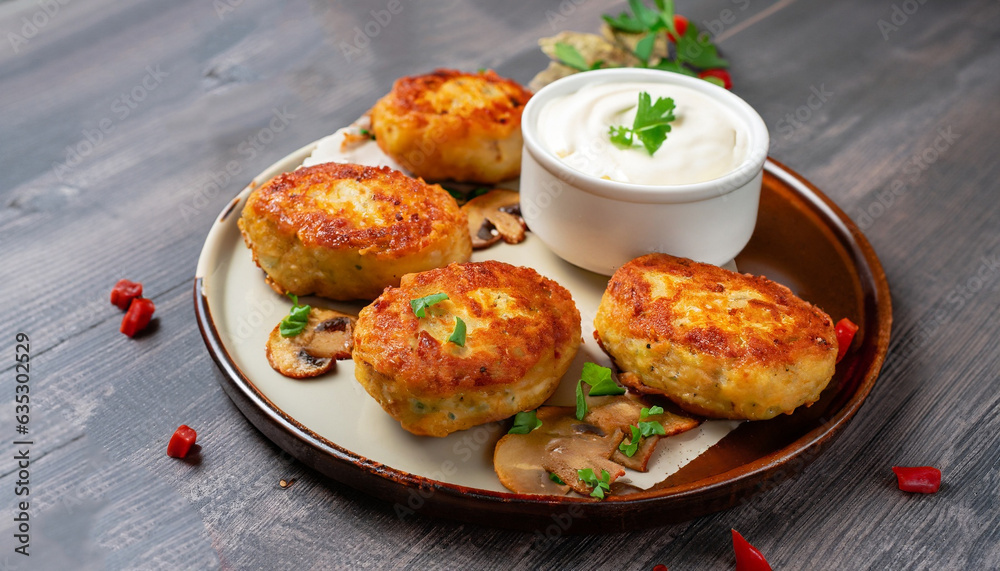 Potato patties (zrazy) Stuffed with minced meat, served with sour cream and tomato sauce. Crisp potato cutlets with meat, mushrooms and cheese. Traditional Russian food Zrazy