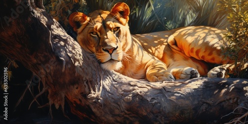 illustration of a lioness is resting under a shady tree  generative AI