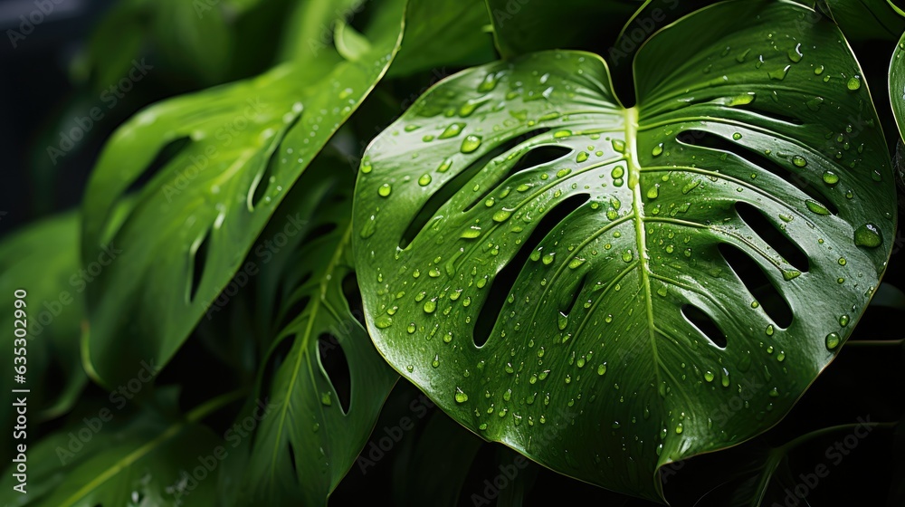 green monstera leaves with dew drops - obrazy, fototapety, plakaty 