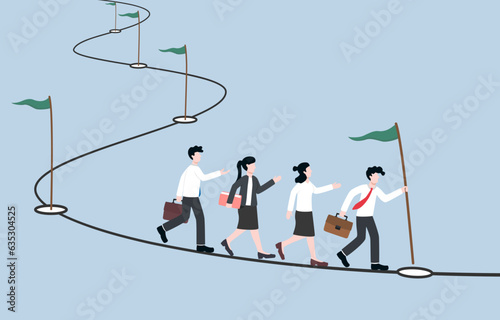 Team progress on assigned task or project, team achievements and milestones concept, Business colleagues follow a path to place flags at each point of success.