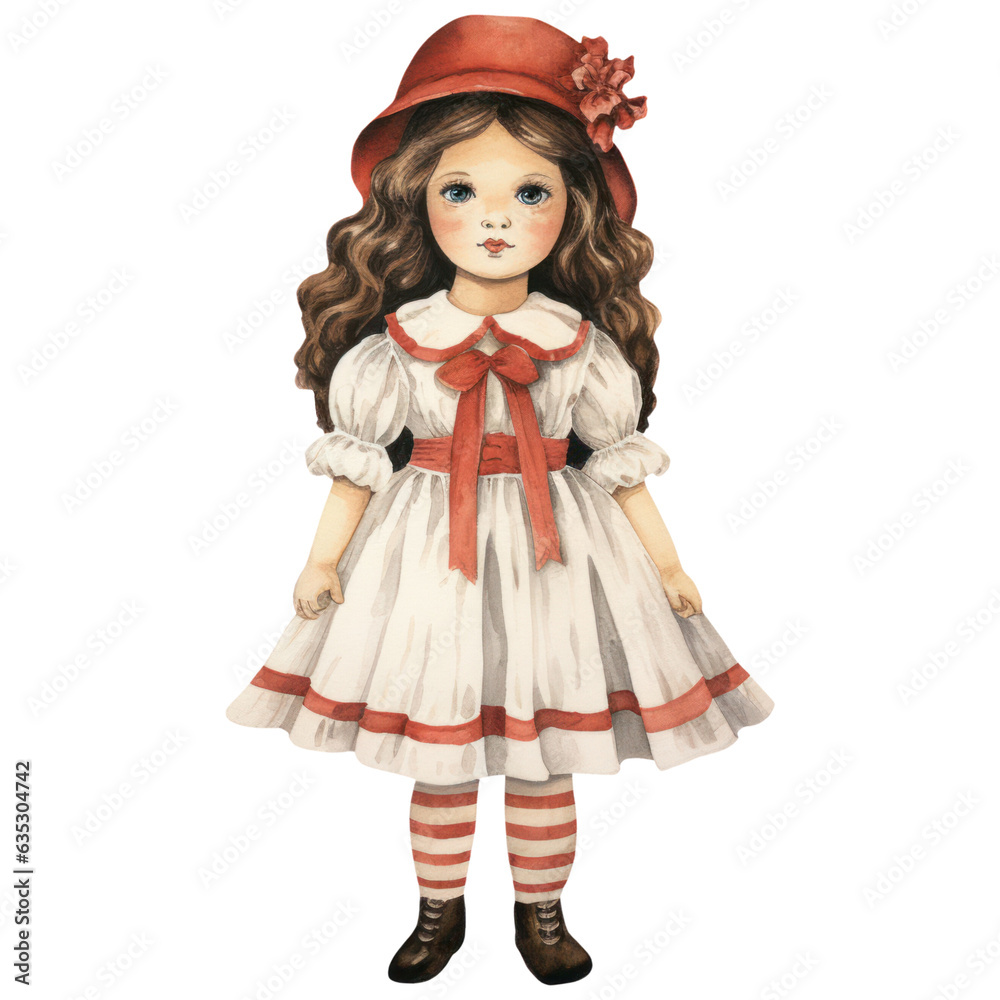 Adorable Vintage Doll Girl in Watercolor Style, Whimsical Retro Fashion. Isolated on Transparent Background. Generative AI