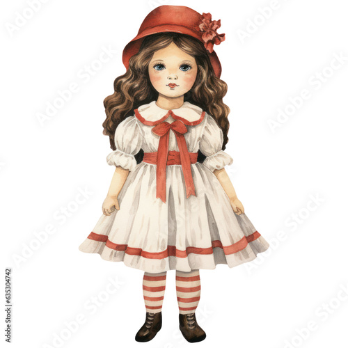 Adorable Vintage Doll Girl in Watercolor Style, Whimsical Retro Fashion. Isolated on Transparent Background. Generative AI