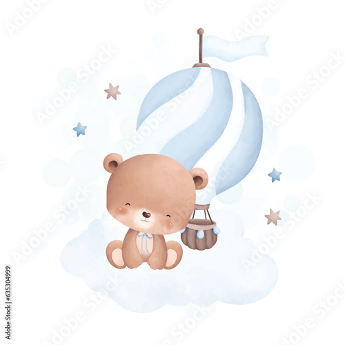 Watercolor illustration cute teddy bear sits on cloud with blue hot air balloon and stars © Stella