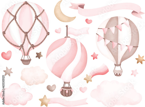 Watercolor illustration set of pink Hot air balloon and elements