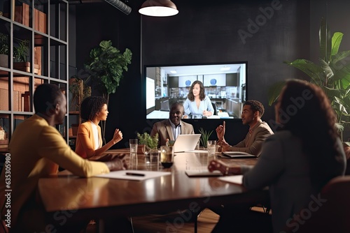 Businessteam with laptop having video conference with colleagues at Cafe ,Generative AI.