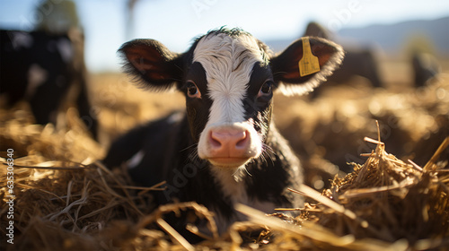 Close-up of a young black and white calf lying in the straw at a dairy farm. 