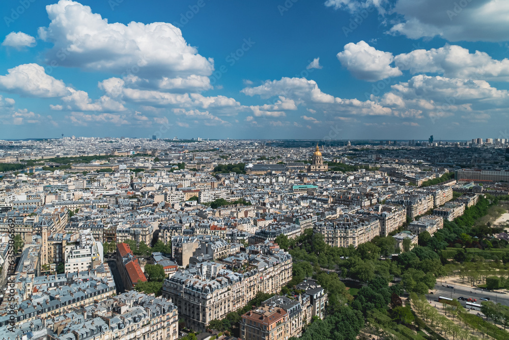 Panoramic Paris from Eiffel Tower and view of the Seine River. Paris, France. 