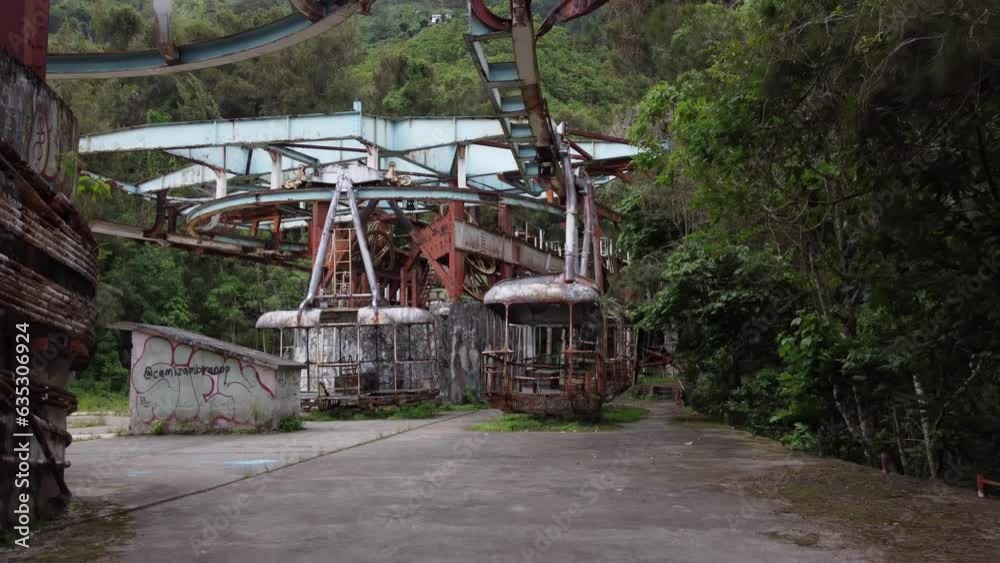 Backward dolly drone flight inside the ruins of the old cable car station El Liron, located in San Antonio de Galipan, Venezuela Backward dolly drone flight inside the ruins of the old cable car station El Liron, located in San Antonio de Galipan, Venezuela