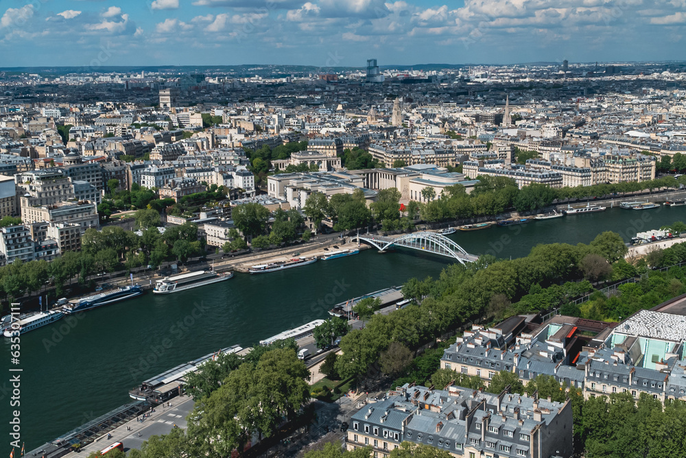 Panoramic Paris from Eiffel Tower and view of the Seine River. Paris, France. 