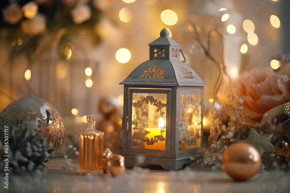 Christmas candle on light blurred background. Generative AI Christmas candle on light blurred background. Generative AI