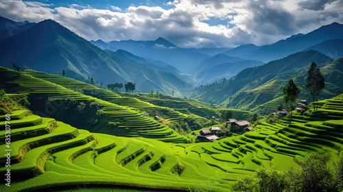 Sapa s terraced rice fields  hills alive with vibrant green tiers  a mesmerizing cascade of nature s artistry
