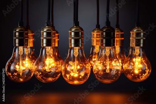 Vintage tungsten filament multiple lamps of different size Generative AI