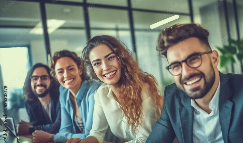 Fototapeta premium Portrait of successful group of business people at modern office looking at camera. Portrait of happy businessmen and satisfied businesswomen standing and smile as a team. Generative AI.