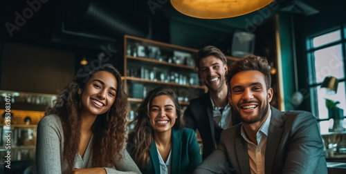 Portrait of successful group of business people at modern office looking at camera. Portrait of happy businessmen and satisfied businesswomen standing and smile as a team. Generative AI.