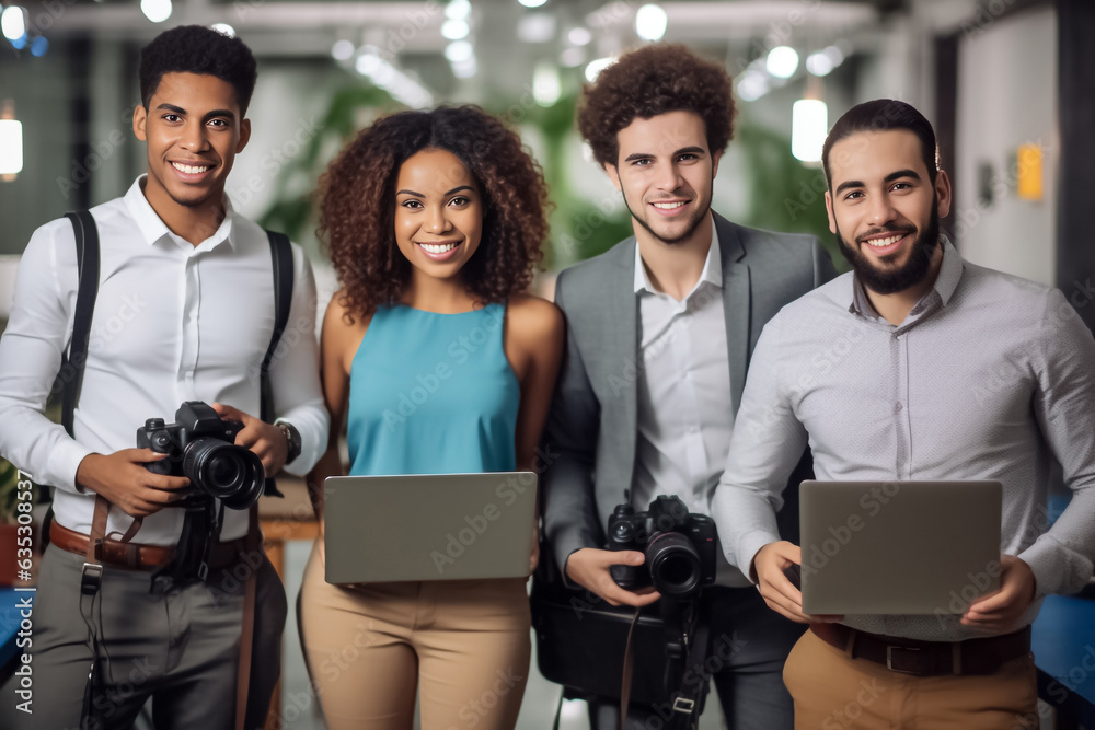 Portrait of successful group of business people at modern office looking at camera. Portrait of happy businessmen and satisfied businesswomen standing and smile as a team. Generative AI. Portrait of successful group of business people at modern office looking at camera. Portrait of happy businessmen and satisfied businesswomen standing and smile as a team. Generative AI.