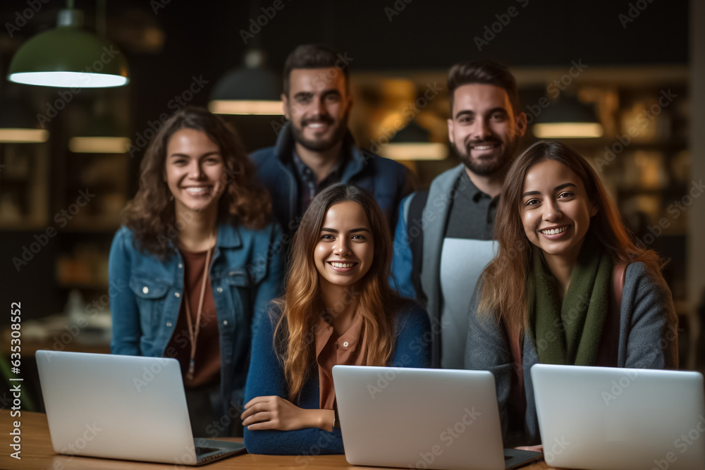 Portrait of successful group of business people at modern office looking at camera. Portrait of happy businessmen and satisfied businesswomen standing and smile as a team. Generative AI.