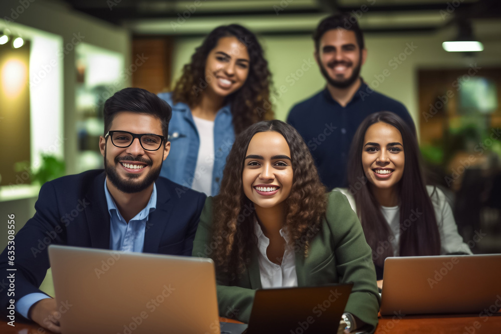 Portrait of successful group of business people at modern office looking at camera. Portrait of happy businessmen and satisfied businesswomen standing and smile as a team. Generative AI. Portrait of successful group of business people at modern office looking at camera. Portrait of happy businessmen and satisfied businesswomen standing and smile as a team. Generative AI.