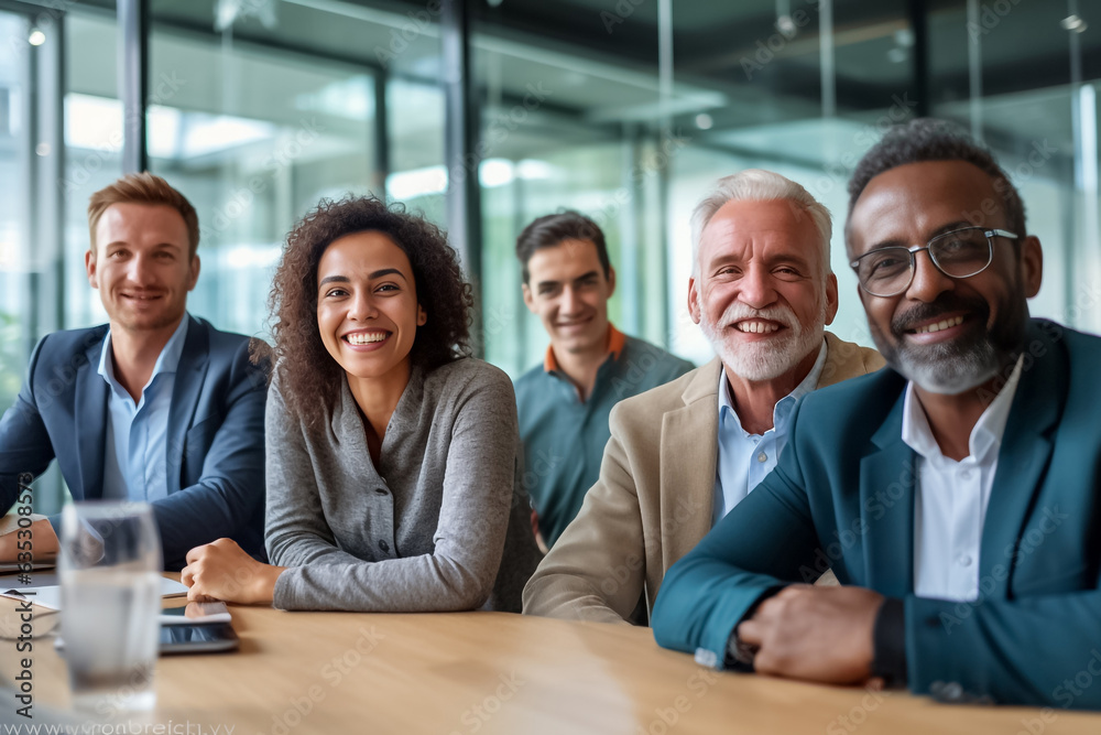 Obraz premium Portrait of successful group of business people at modern office looking at camera. Portrait of happy businessmen and satisfied businesswomen standing and smile as a team. Generative AI.