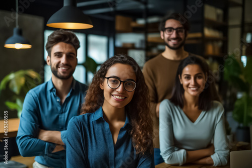 Portrait of successful group of business people at modern office looking at camera. Portrait of happy businessmen and satisfied businesswomen standing and smile as a team. Generative AI.