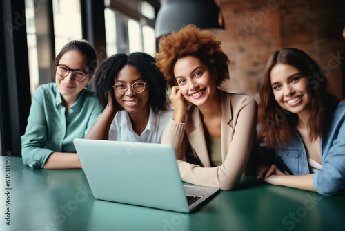 Portrait of successful group of business people at modern office looking at camera. Portrait of happy businessmen and satisfied businesswomen standing and smile as a team. Generative AI.