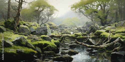 oil painting of stunted oak trees with moss and lichen covered stones  generative AI
