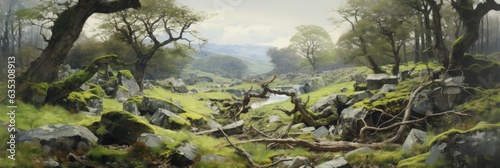 oil painting of stunted oak trees with moss and lichen covered stones  generative AI