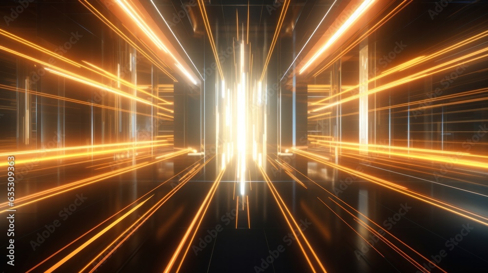 3D illustration of a trippy rectangular hallway made up of gold lights. 3D illustration of a trippy rectangular hallway made up of gold lights.