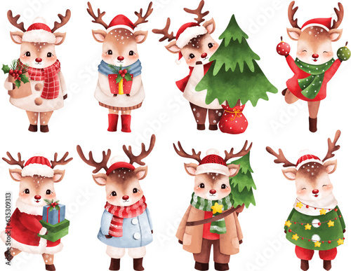 Watercolor illustration set of Christmas reindeer
