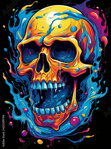 Obraz na płótnie skull illustration, has a colorful background with puddles of paint, in poster or t-shirt art style. AI Generated Images